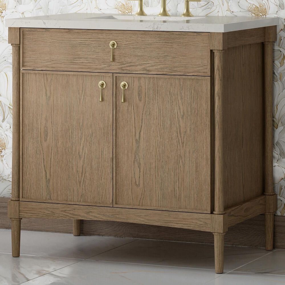 James Martin Kinnsden 36" Single Bathroom Vanity in Weathered Oak with 3 cm Siberian Silestone Top and Rectangular Sink, , large