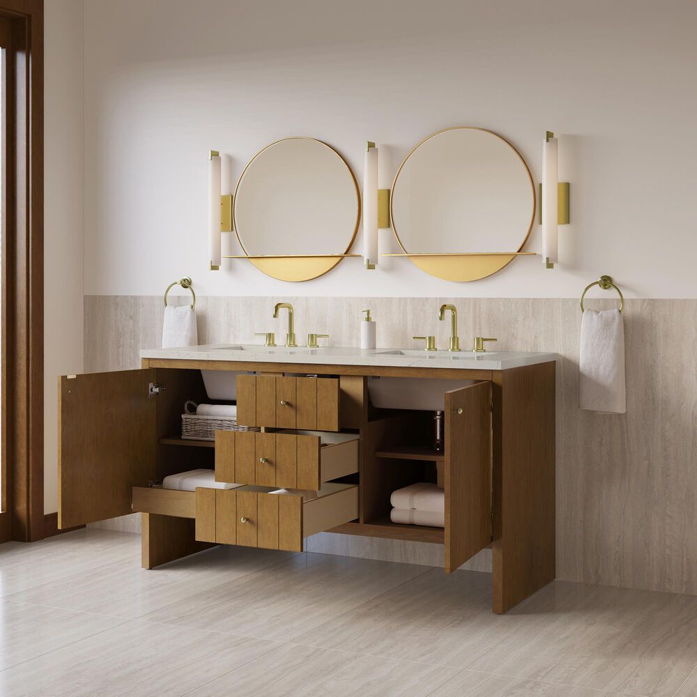 James Martin Hudson 60" Double Bathroom Vanity in Honey Oak with 3 cm Siberian Silestone Top and Rectangular Sinks, , large