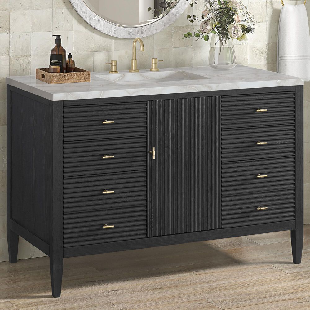 James Martin Vanities Myrrin 48" Single Bathroom Vanity in Carbon Oak with 3 cm Eternal Jasmine Pearl Silestone Top, Rectangular Sink and FreePower Wireless Charger, , large