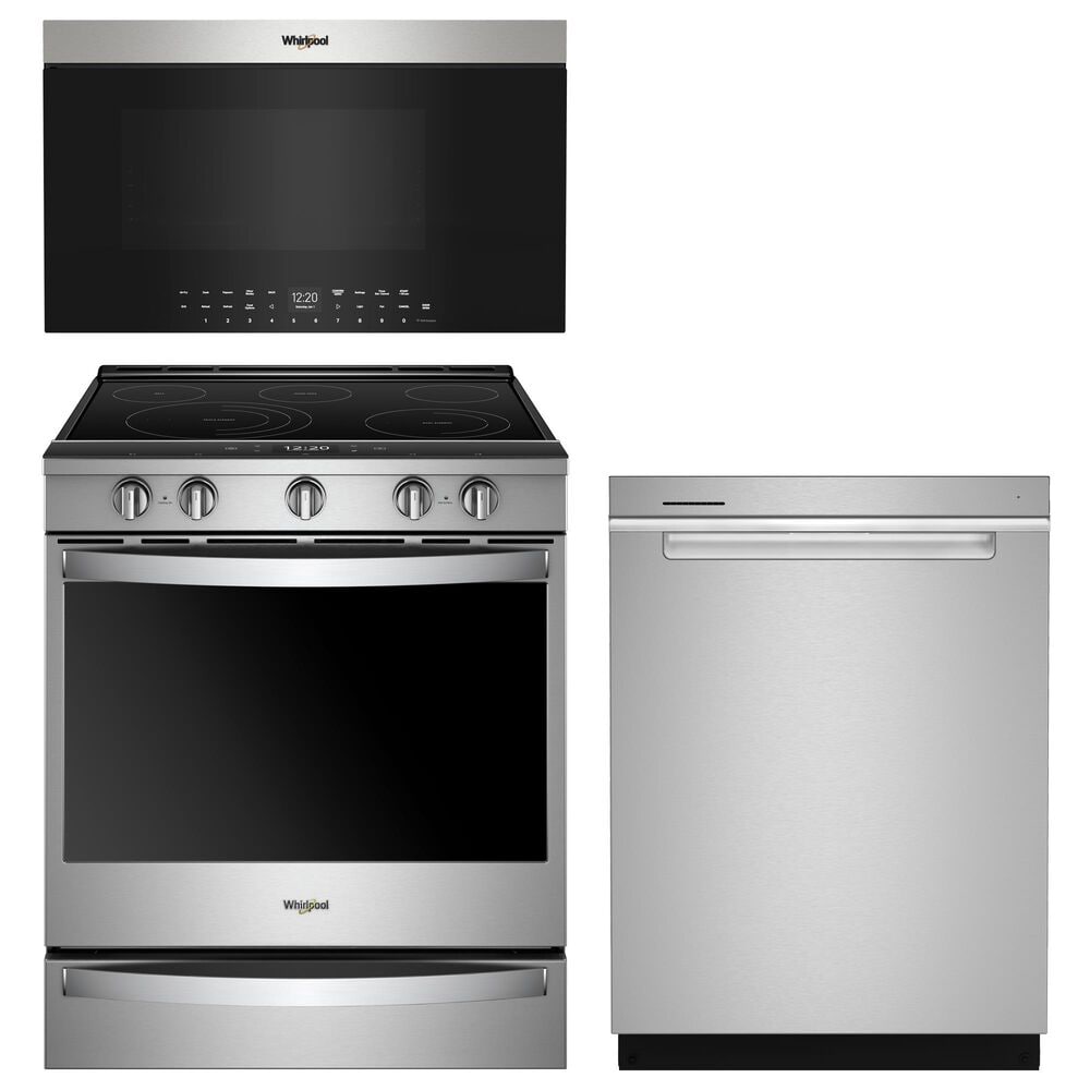 Whirlpool 3-Piece Kitchen Package with 6.4 Cu. Ft. Smart Slide-In Electric Range, 24" Fully Integrated Dishwasher, and Air Fry Over- the-Range Oven with Flush Built-in Design in Stainless Steel, , large