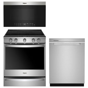 Whirlpool 3-Piece Kitchen Package with 6.4 Cu. Ft. Smart Slide-In Electric Range, 24" Fully Integrated Dishwasher, and Air Fry Over- the-Range Oven with Flush Built-in Design in Stainless Steel, , large