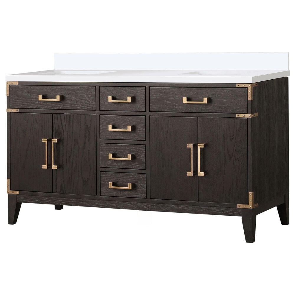 Lexora Home Laurel 60" Double Bathroom Vanity in Brown Oak with White Quartz Top and Rectangular Sinks, , large