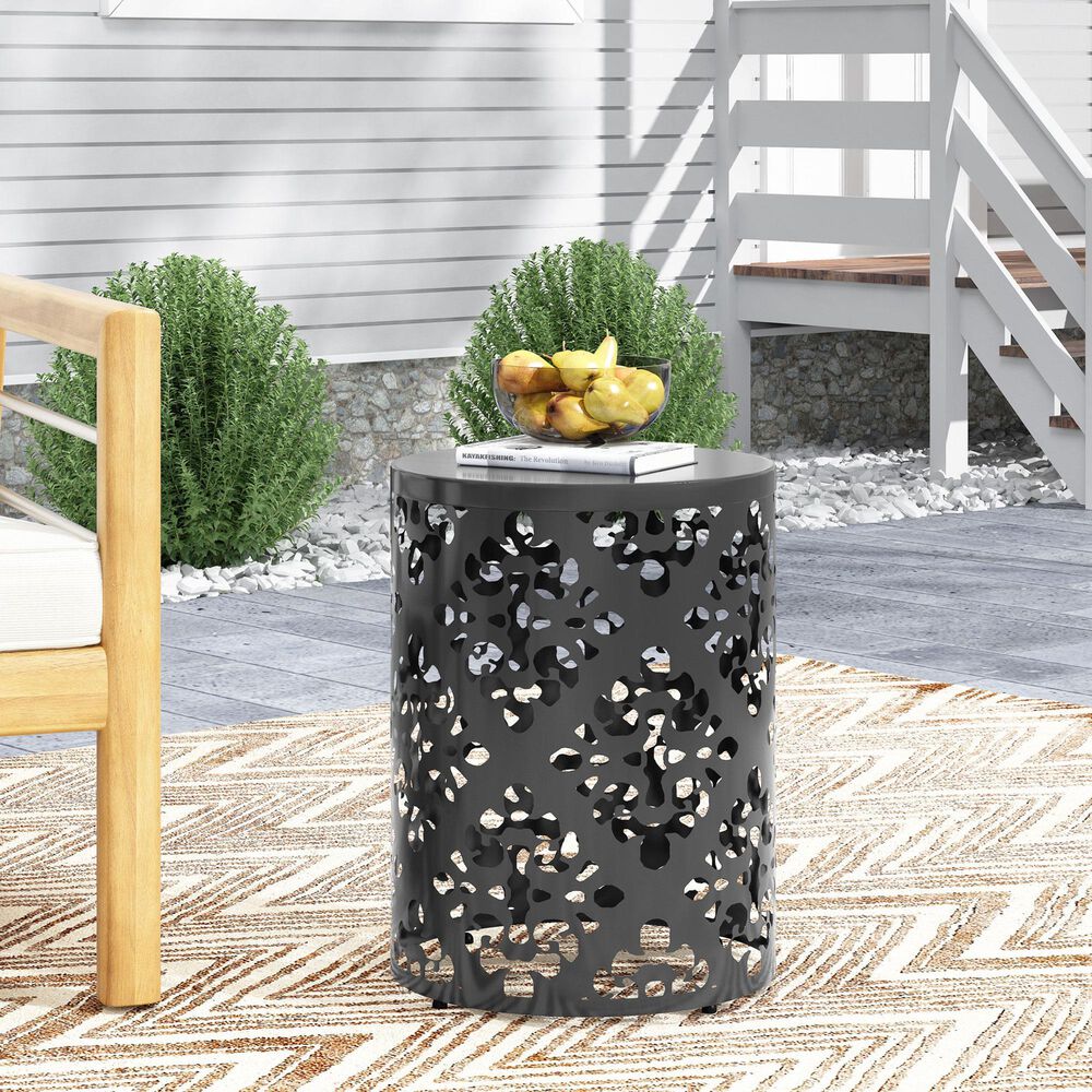 Hearth and Haven Large Iron Patio End Table with Floral Pattern in Black, , large