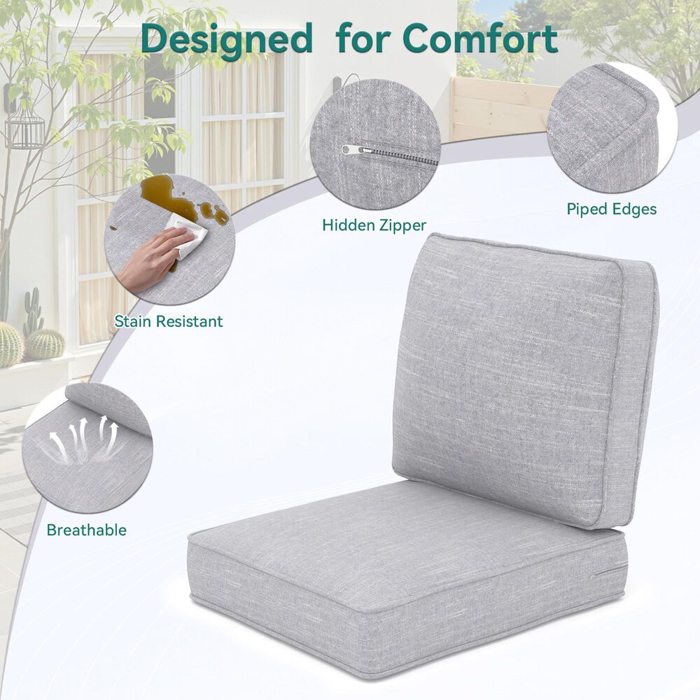 Sunwell Garden 4" Thick Outdoor Seat and Back Cushion Set in Light Gray, , large
