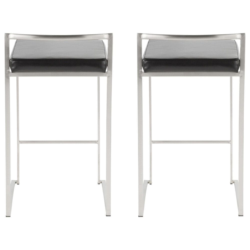 LumiSource Fuji Stackable Counter Stool with Black Faux Leather in Brushed Stainless Steel &#40;Set of 2&#41;, , large