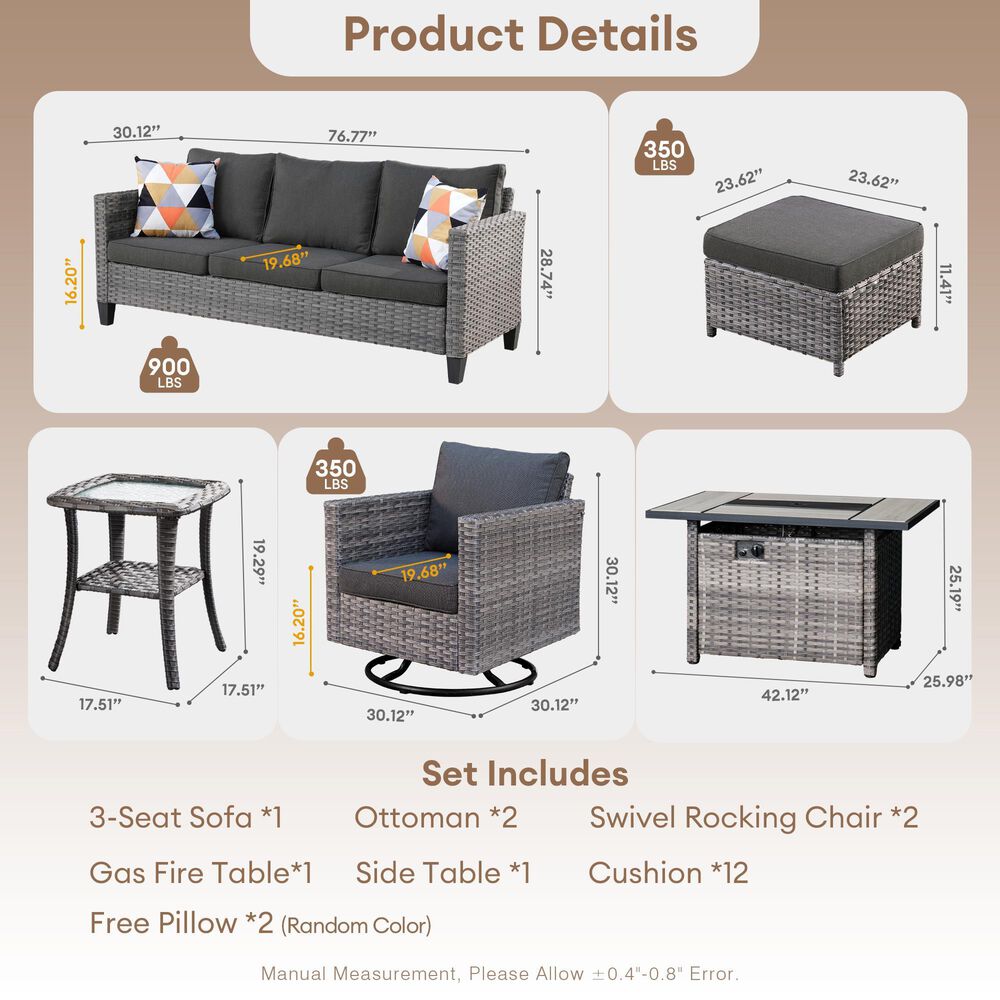 HOMLUX 7-Piece Patio Conversation Set with Rocking Chairs and Fire Pit Table in Black, , large