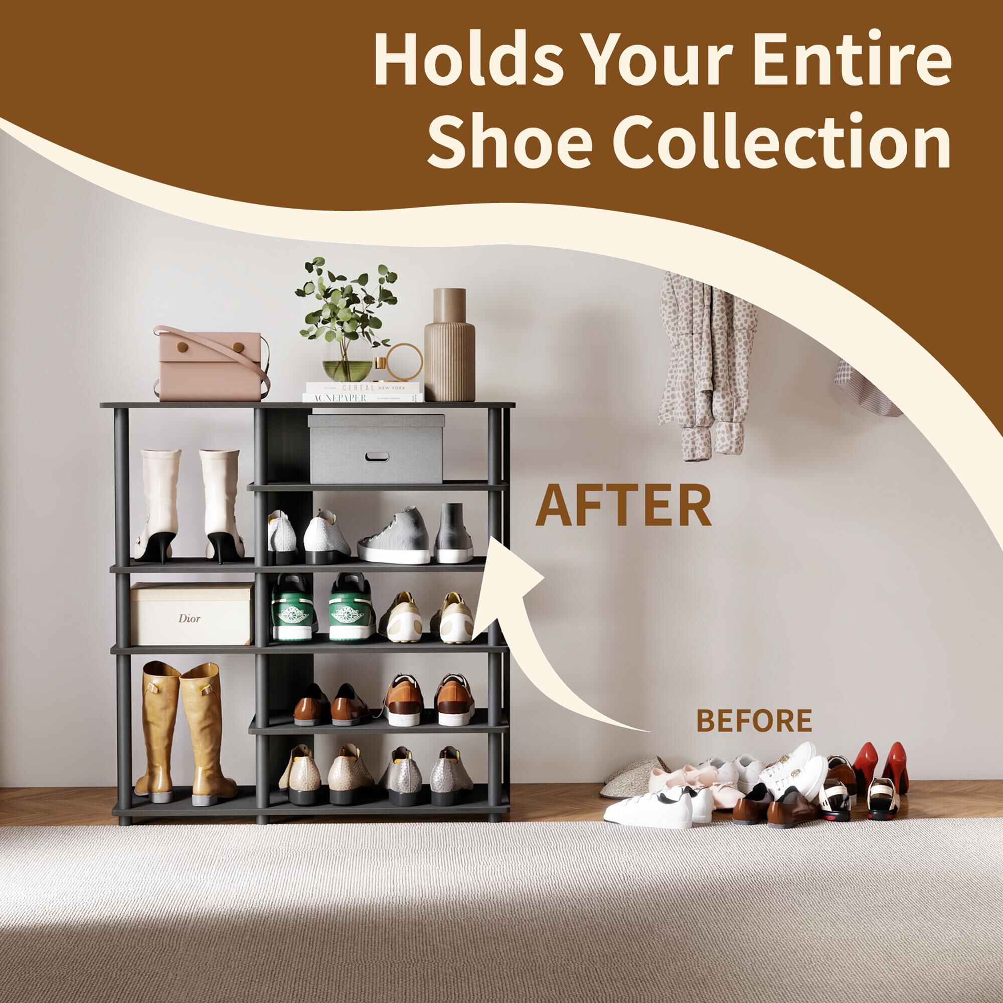 HOMLUX 6-Tier Shoe Rack in Espresso and Black