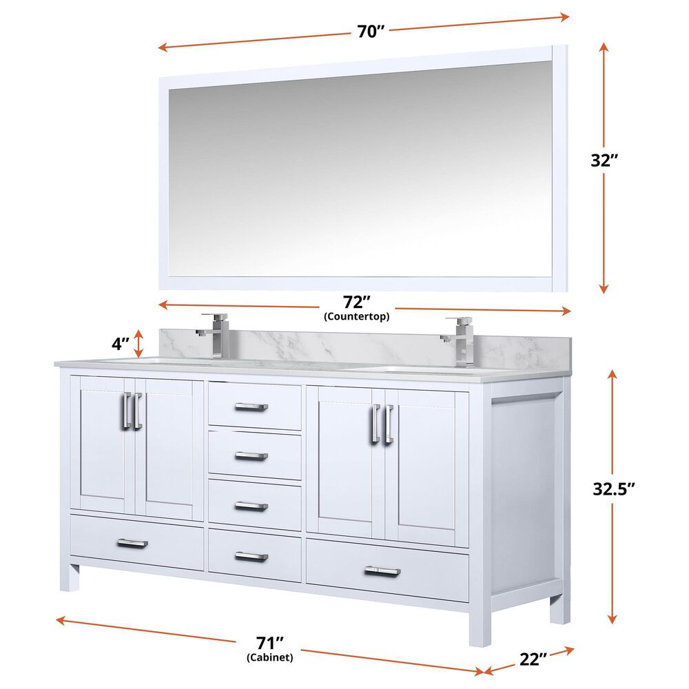 Lexora Home Jacques 72&quot; Double Bathroom Vanity in White with 2 cm White Carrara Marble Top and Rectangular Sinks, , large