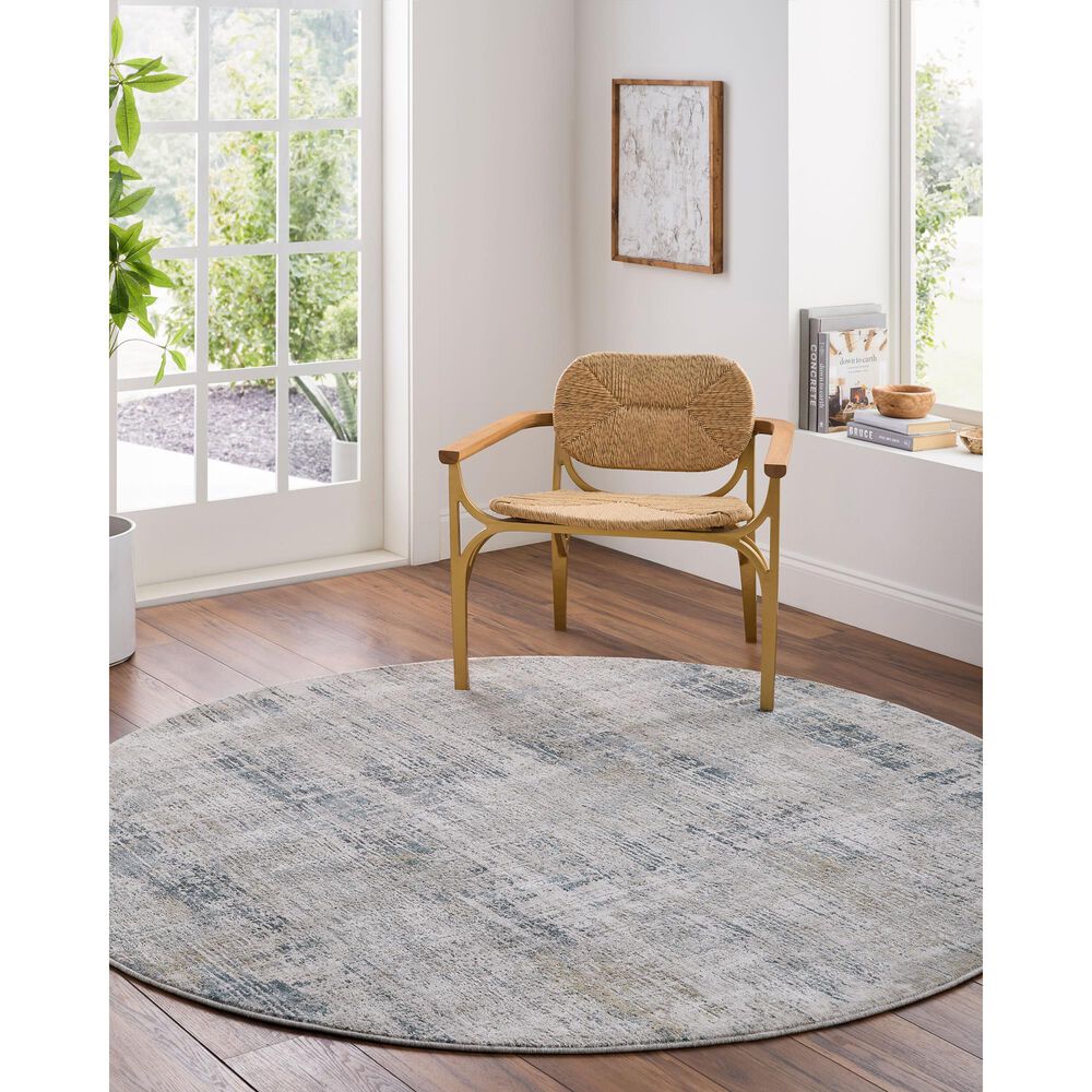 Surya Brunswick Cream, Light Gray, Charcoal, Blue, Dark Blue and Mustard 6&#39;7&quot; Round Area Rug, , large
