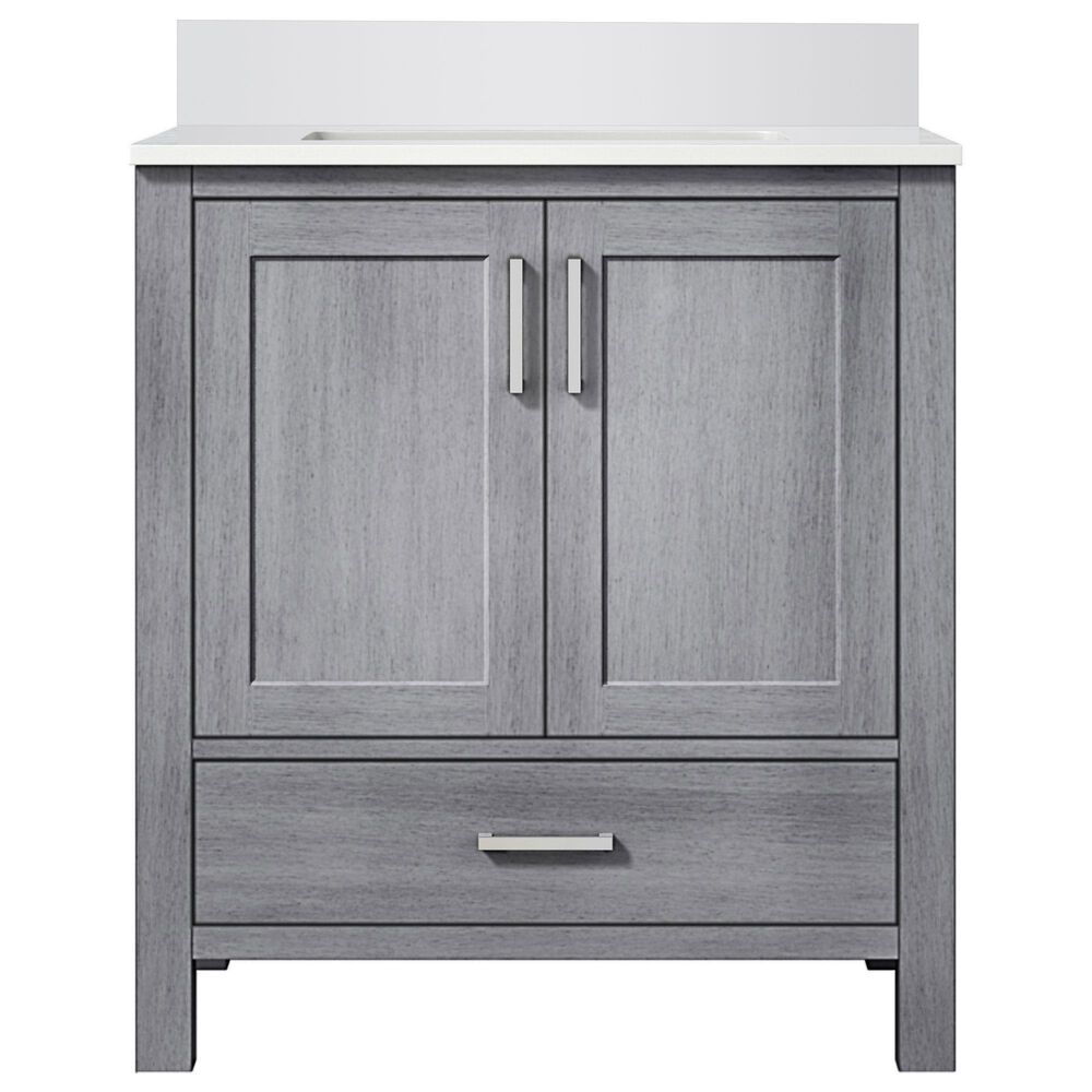 Lexora Home Jacques 30&quot; Single Bathroom Vanity in Distressed Grey with 2 cm White Quartz Top and Rectangular Sink, , large