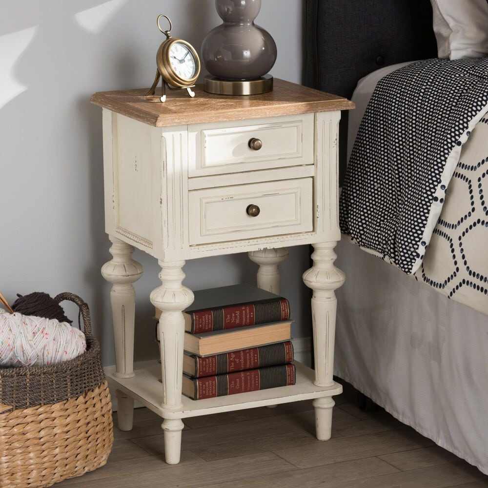 Baxton Studio Marquetterie 2-Drawer Nightstand in Weathered Oak and Distressed White Wash, , large