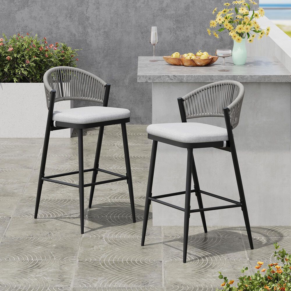 Hearth and Haven 30" Outdoor Barstool with Teak Frame in Light Gray (Set of 2), , large