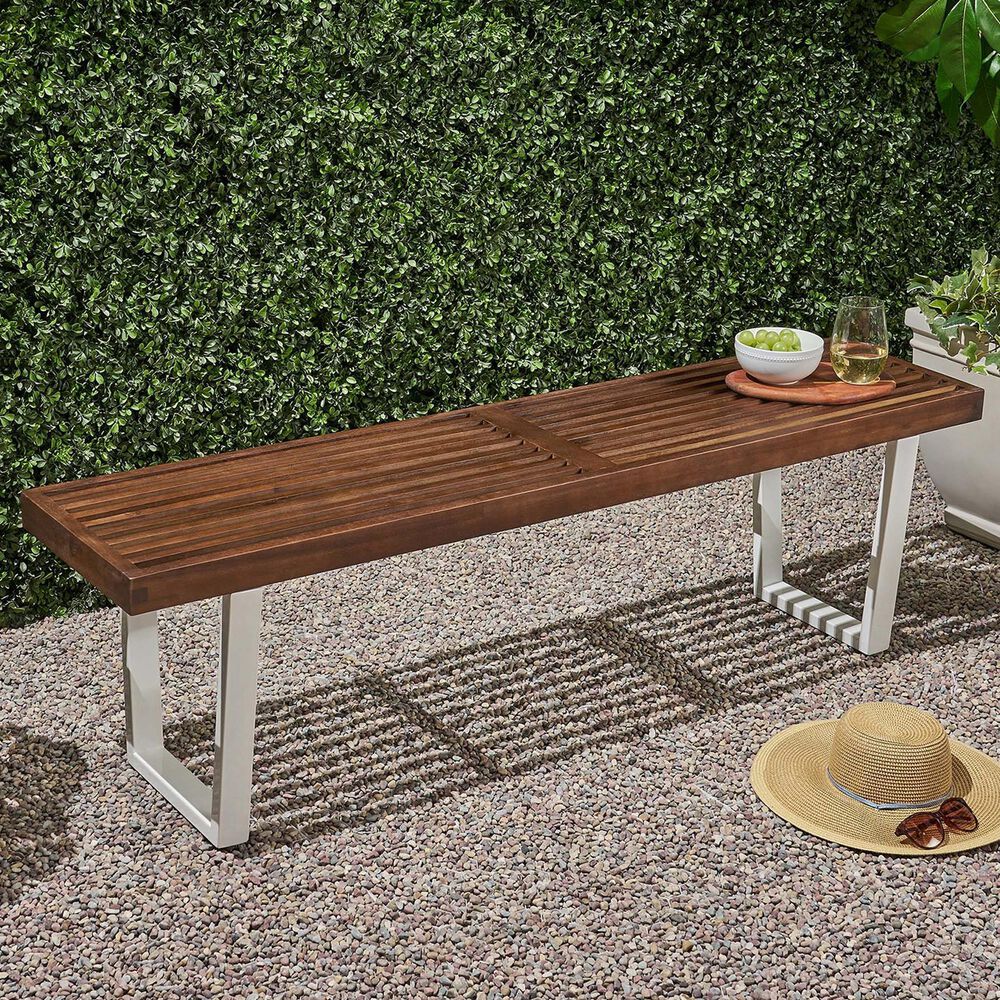 Noble House Fresno Patio Dining Bench in Dark Brown and White Wash NFM