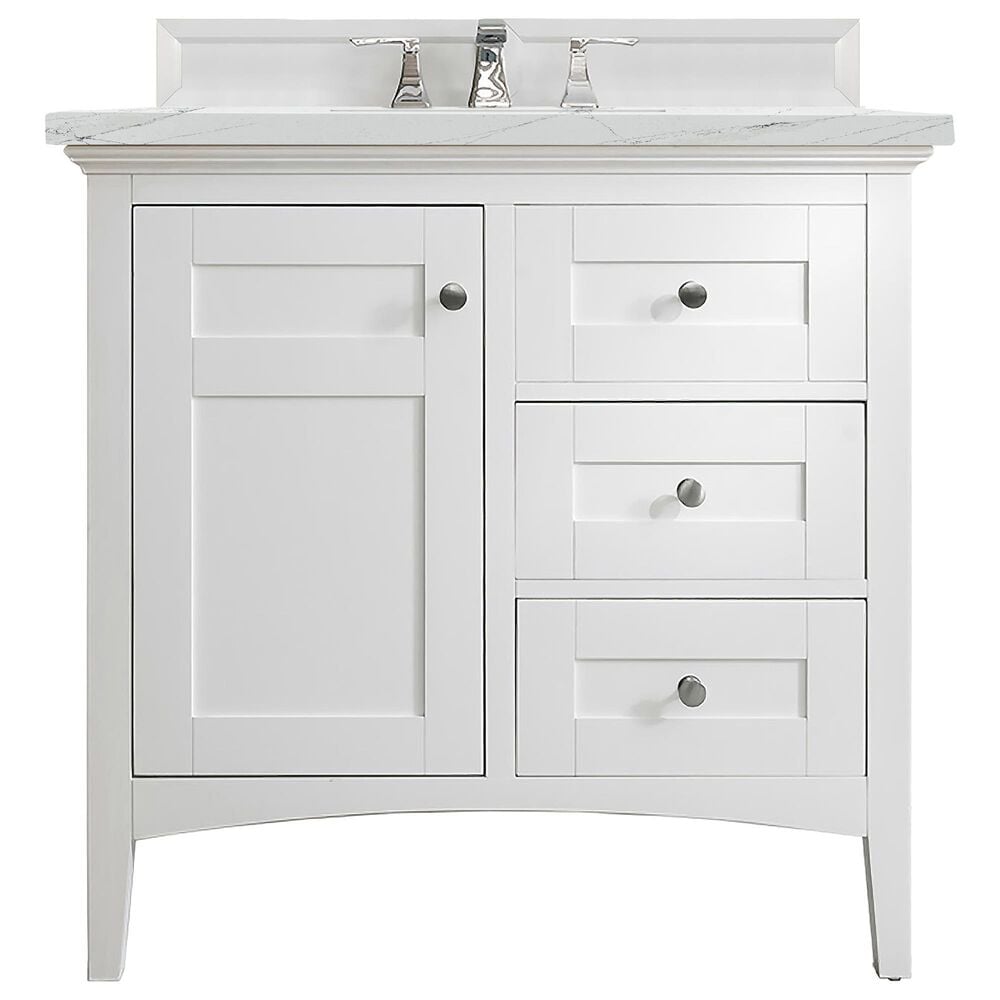 James Martin Vanities Palisades 36" Single Bathroom Vanity in Bright White with 3 cm Ethereal Noctis Quartz Top and Rectangular Sink, , large