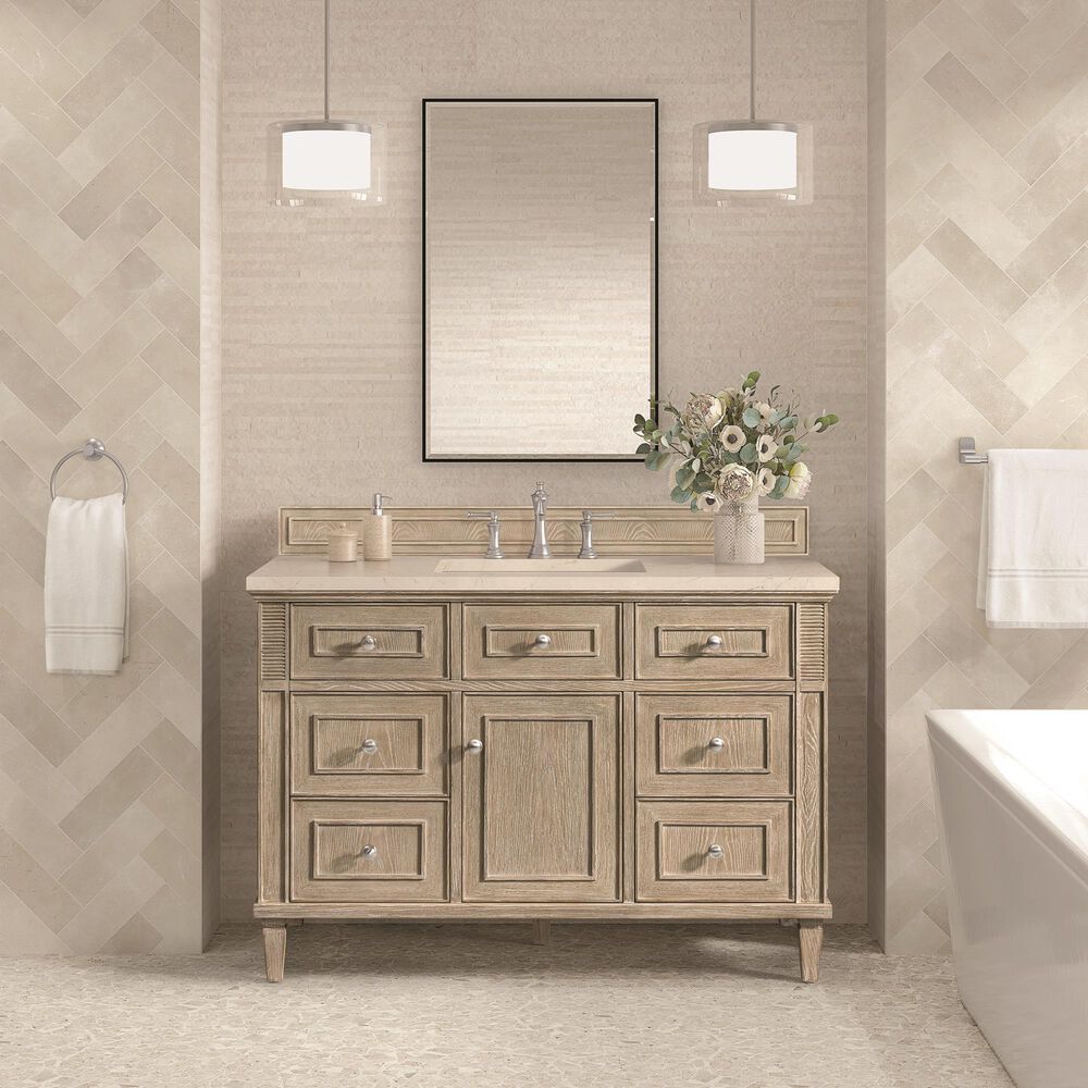 James Martin Vanities Lorelai 48&quot; Single Vanity in Whitewashed Oak with 3 cm Eternal Marfil Quartz Top, , large