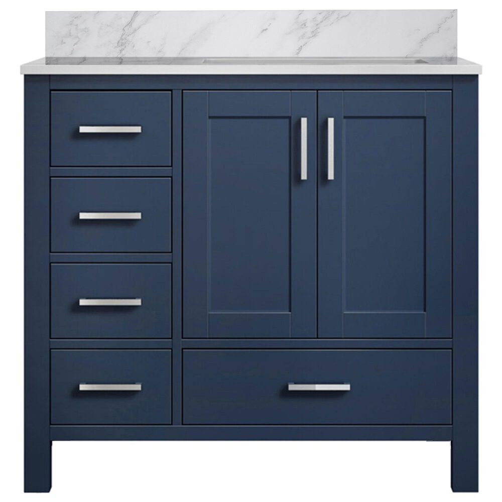 Lexora Home Jacques 36" Right Offset Single Bathroom Vanity in Navy Blue with 2 cm White Carrara Marble Top and Rectangular Sink, , large
