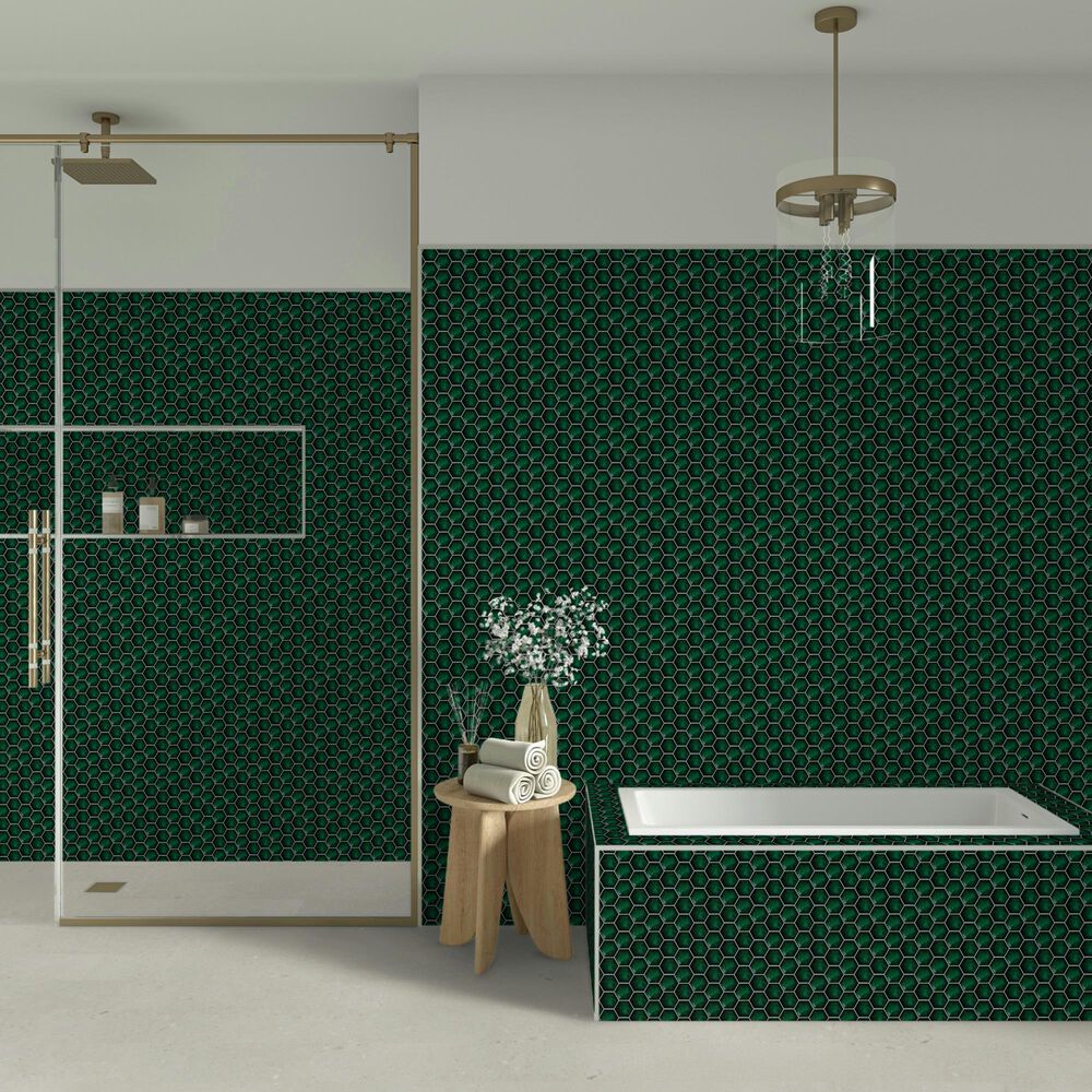 Dal-Tile Artefino Jewel Emerald 3" Pyramid Hexagon Apex on 11" x 12" Porcelain Mosaic Sheet, , large