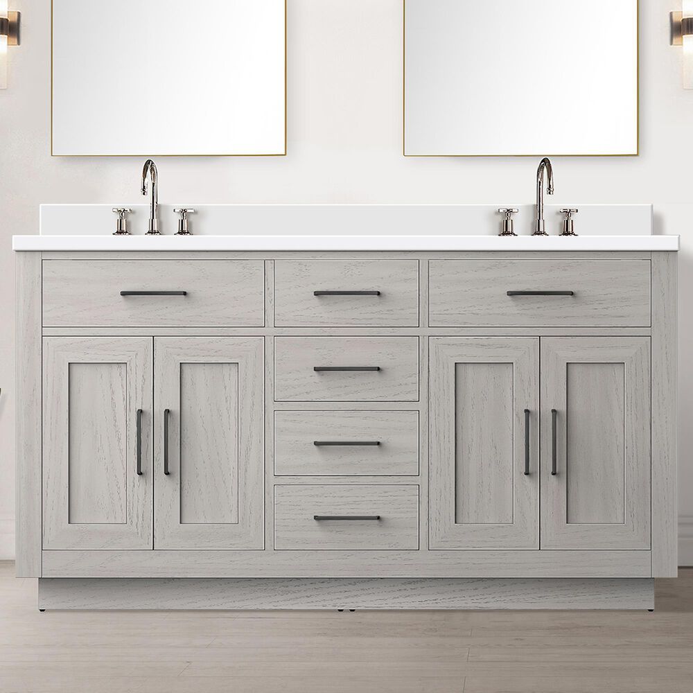 Lexora Home Abbey 60&quot; Double Bathroom Vanity in White Oak with 2 cm White Quartz Top and Rectangular Sinks, , large