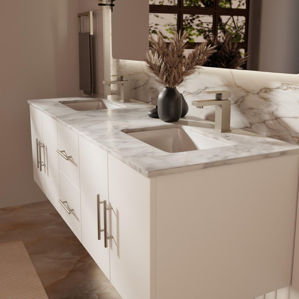 Lexora Home Geneva 60" Double Bathroom Vanity in Glossy White with 2 cm White Carrara Marble Top and Rectangular Sinks, , large