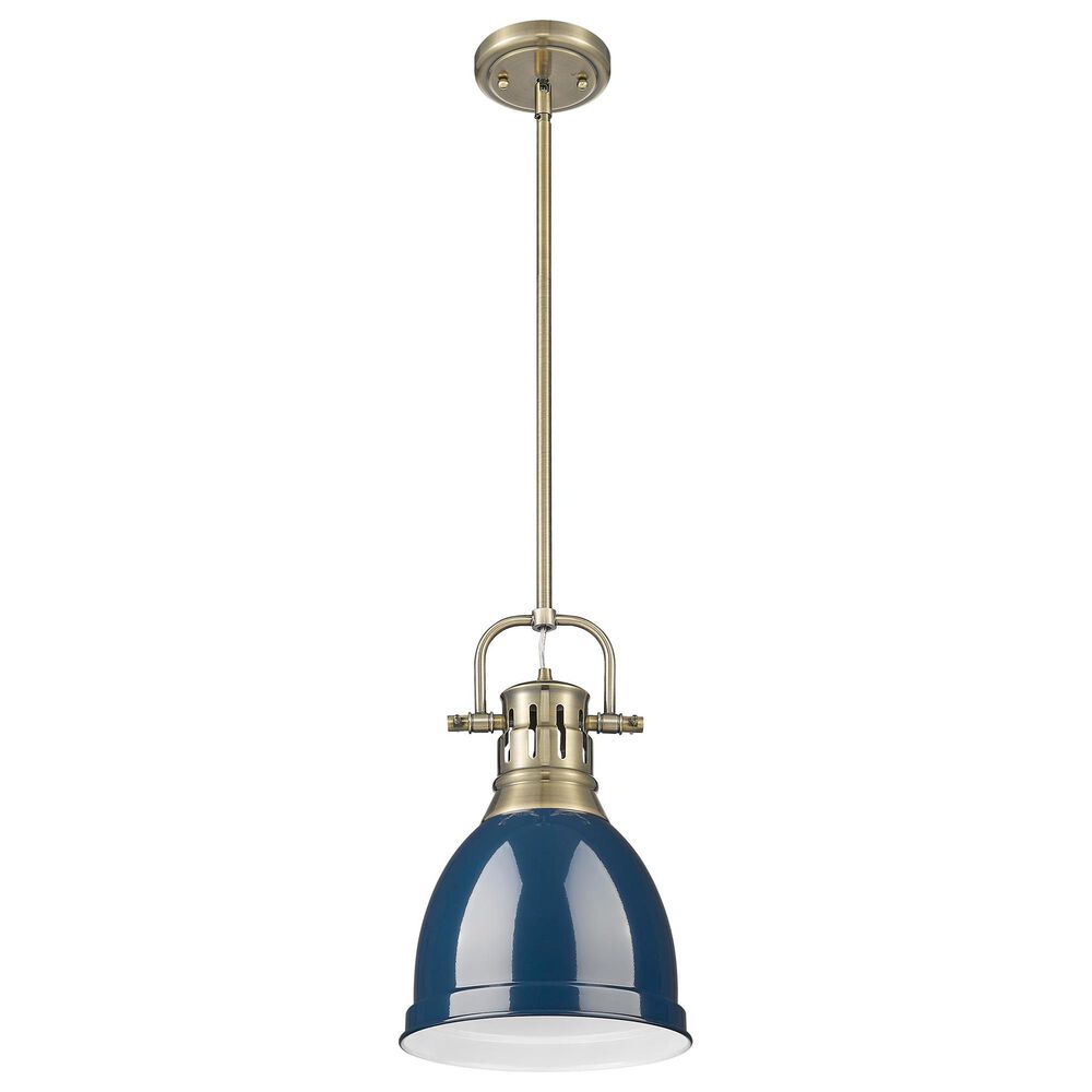 Golden Lighting Duncan 1-Light Small Pendant with Rod and Matte Navy Shade in Aged Brass, , large