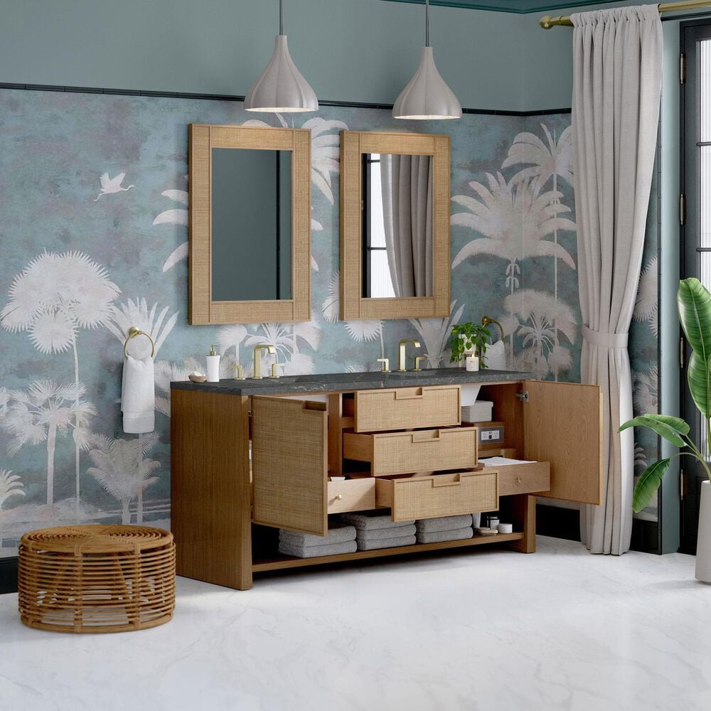 James Martin Vanities Solene 72" Double Bathroom Vanity in Seaside Oak with 3 cm Parisien Bleu Quartz Top, Rectangular Sinks and FreePower Wireless Charger, , large