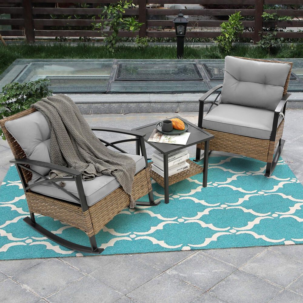 Hearth and Haven 3-Piece Patio Chat Set with Gray Cushion in Black, , large