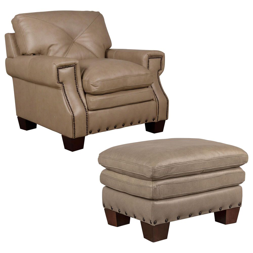 Bordeaux & Co Stationary Leather Chair and Ottoman Set in Juno Pebble, , large