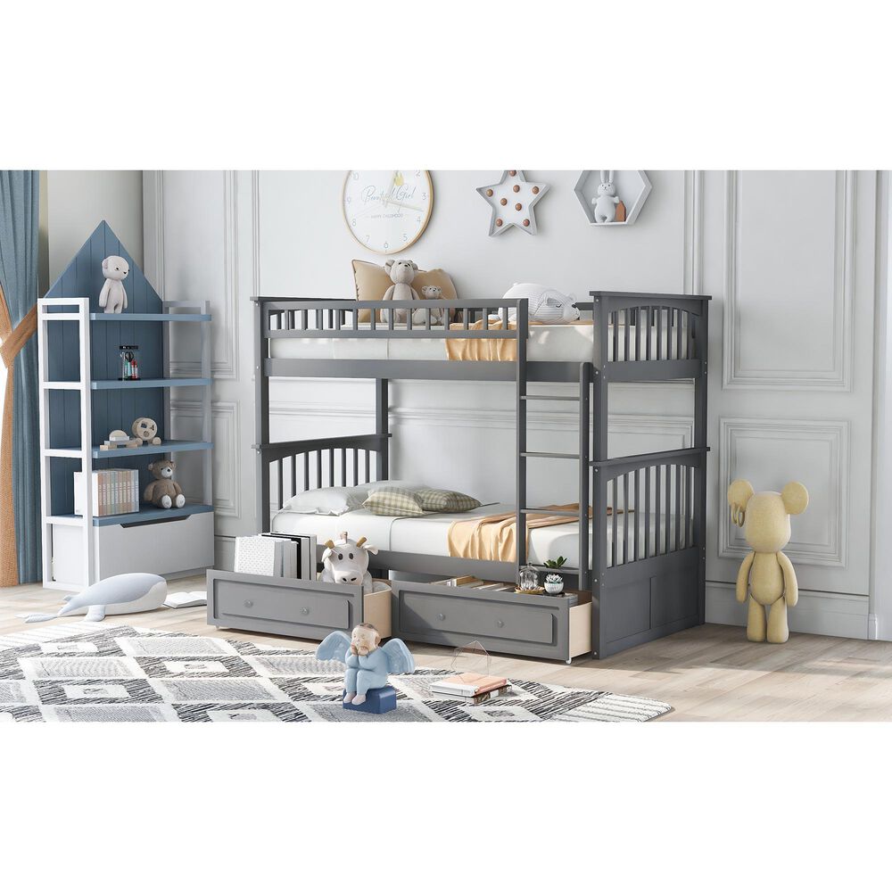 Hearth and Haven Twin over Twin Convertible Bunk Bed with Drawers in Gray, , large