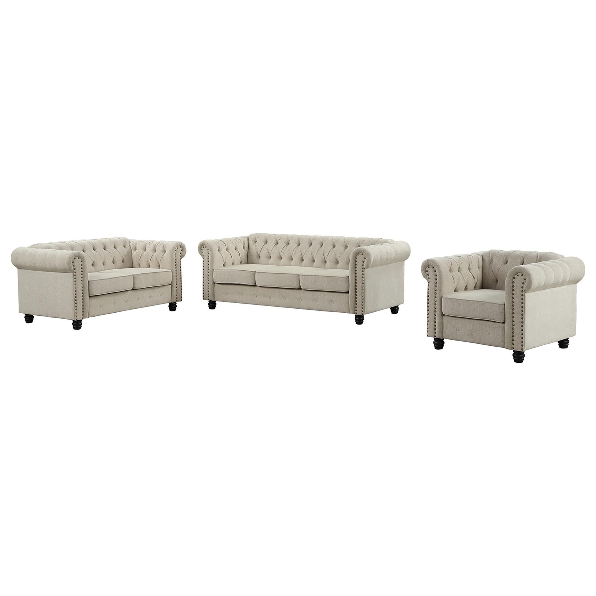 Morden Fort Chesterfield 3 Piece Stationary Linen Living Room Set