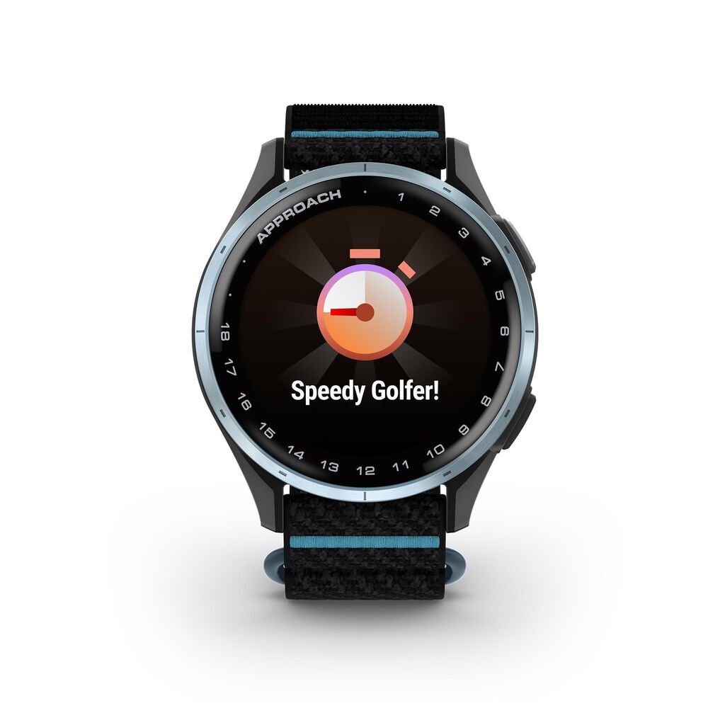 Garmin Approach J1 43mm Junior Golf GPS Smartwatch in Cloud Blue Aluminum Bezel with Black/Azure ComfortFit Fabric Band, , large