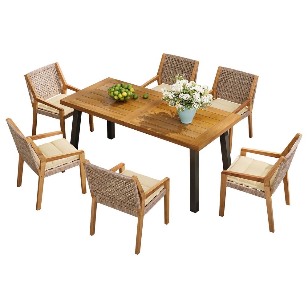 Hearth and Haven 7-Piece Outdoor Rectangular Dining Set with Cream Cushion in Teak, , large