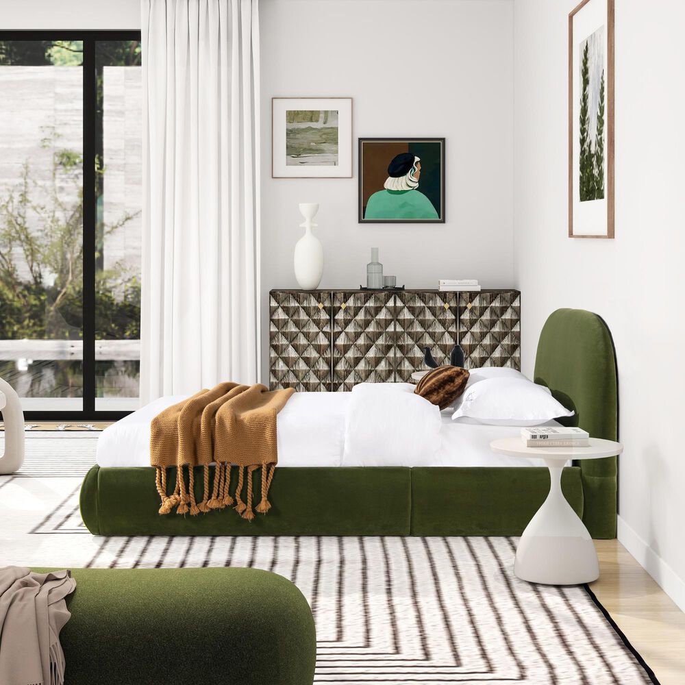 Jennifer Taylor Home Archie Puffy Grounded Queen Upholstered Platform Bed in Olive Green, , large