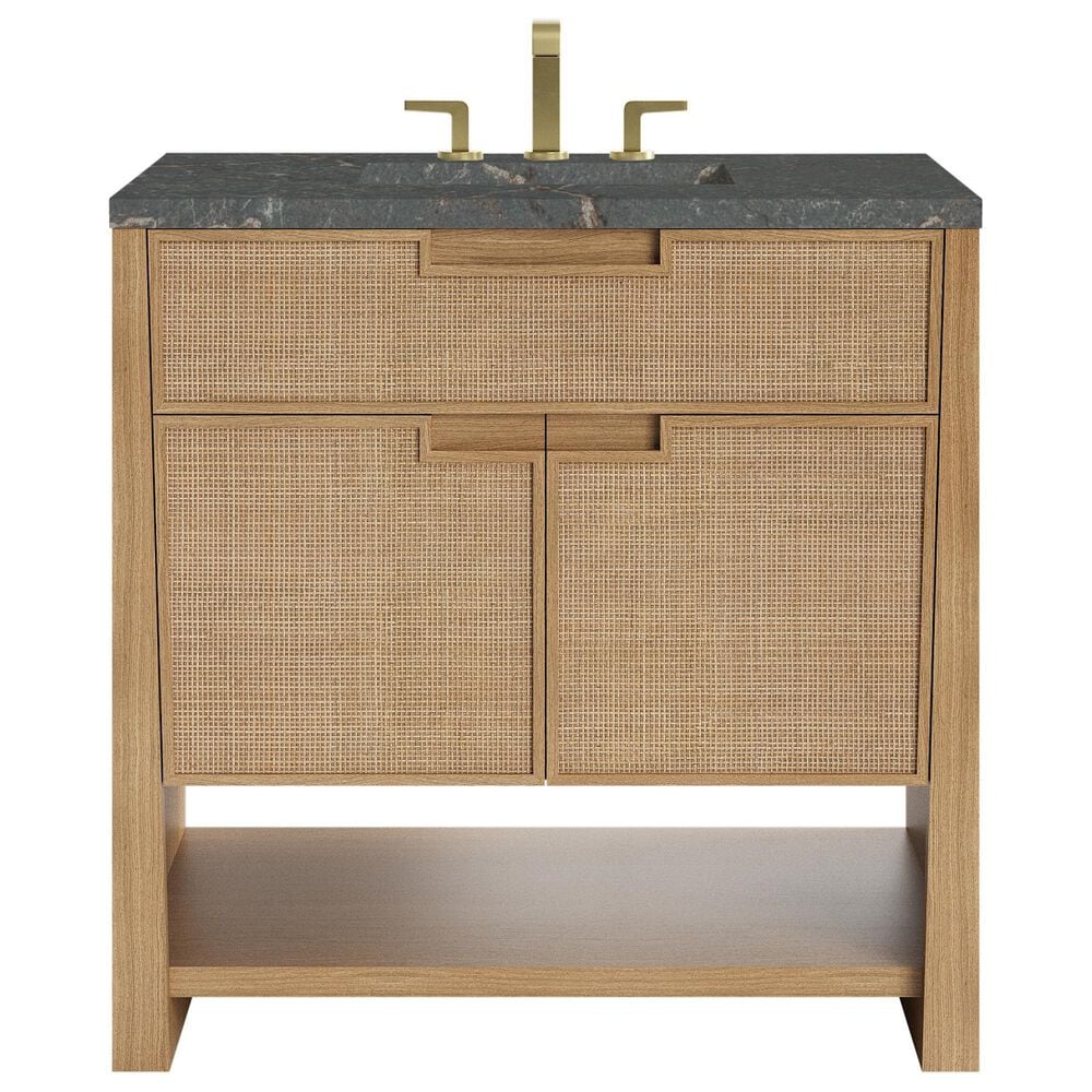 James Martin Vanities Solene 36" Single Bathroom Vanity in Seaside Oak with 3 cm Parisien Bleu Quartz Top and Rectangular Sink, , large