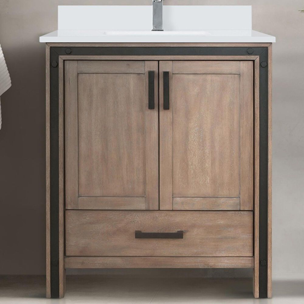 Lexora Home Ziva 30&quot; Single Bathroom Vanity in Rustic Barnwood with 2 cm White Quartz Top and Rectangular Sink, , large
