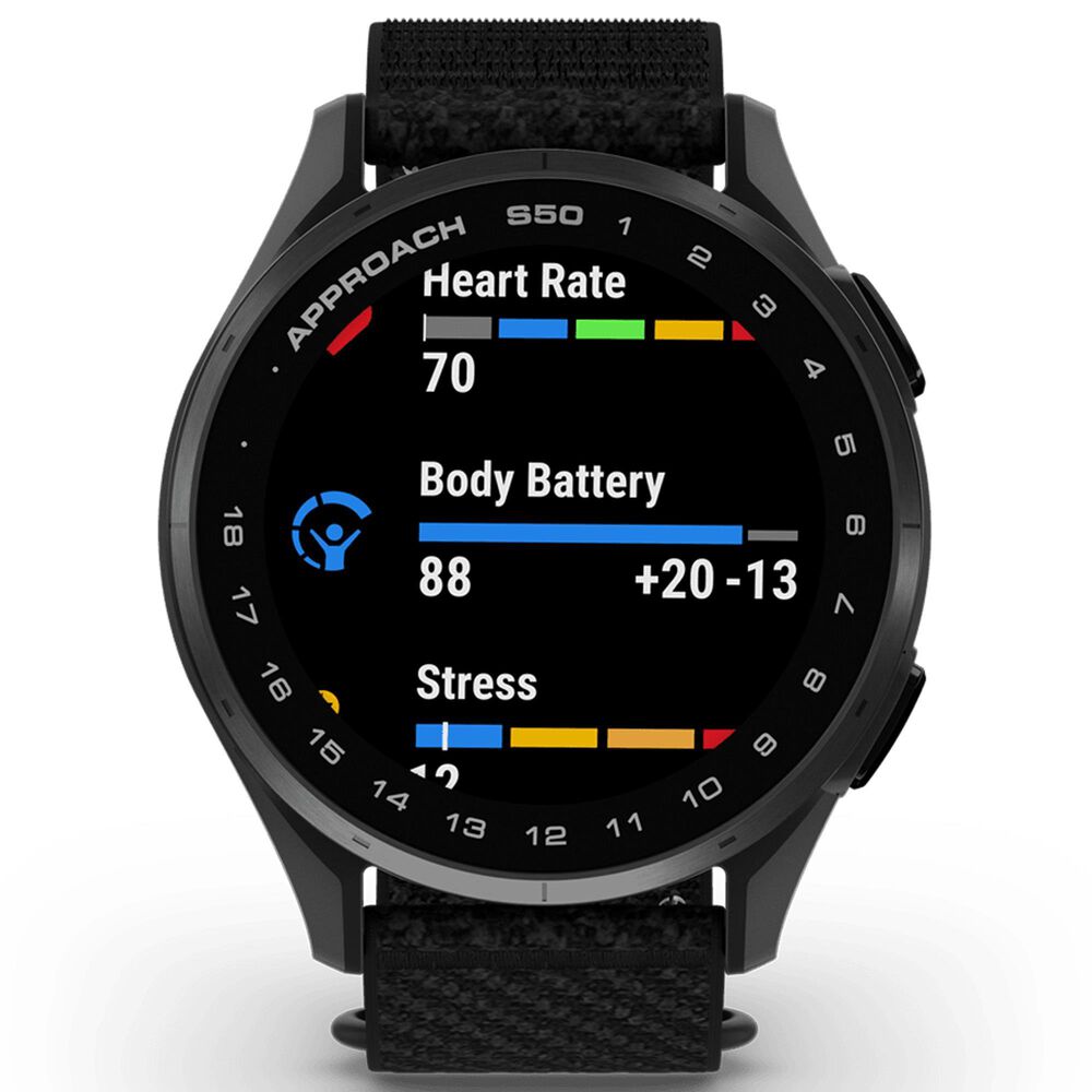 Garmin Approach S50 43mm Golf and Fitness Smartwatch Slate Aluminum Bezel Case with Black Nylon Band, , large
