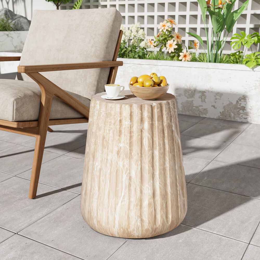 Hearth and Haven Outdoor Carved Side Table with Faux Natural Stone Texture in Gold, , large