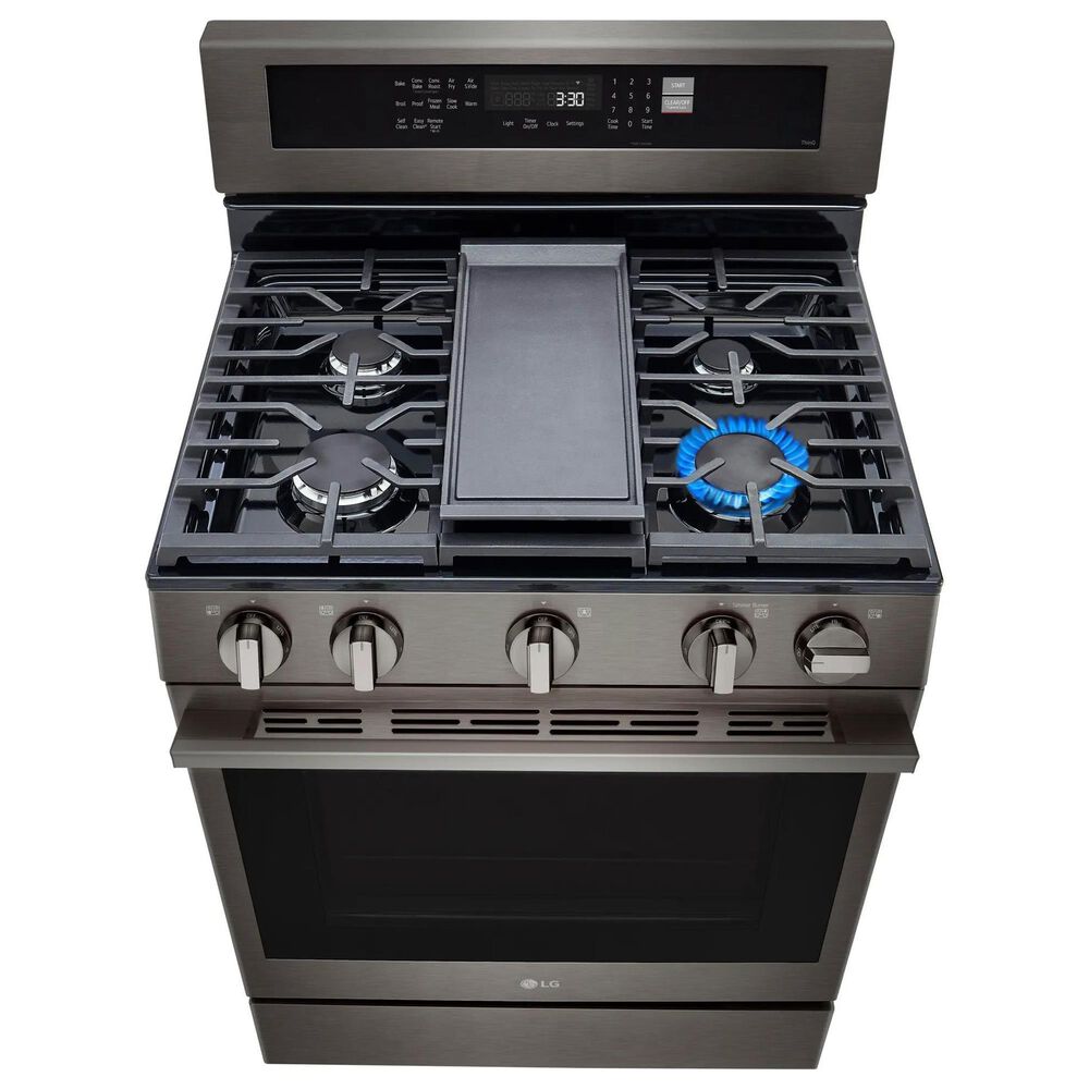 LG 2-Piece Kitchen Package with 6.3 Cu. Ft. Smart Freestanding Gas Range and 2.1 Cu. Ft. Smart Over-the-Range Microwave in Black Stainless Steel, , large