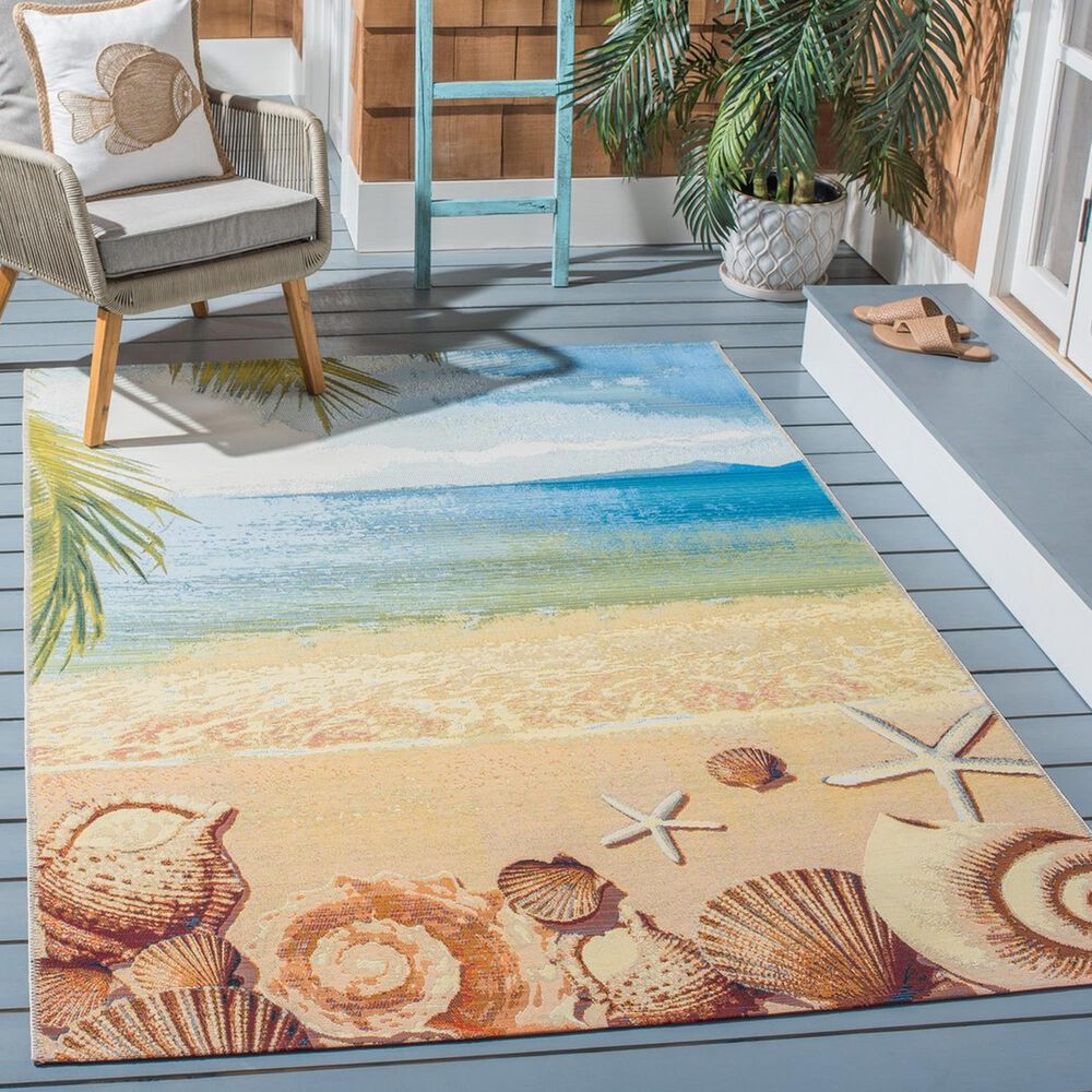Safavieh Barbados Tropical Beach Seashell 3&#39;3&quot; x 5&#39; Gold and Blue Indoor/Outdoor Area Rug, , large