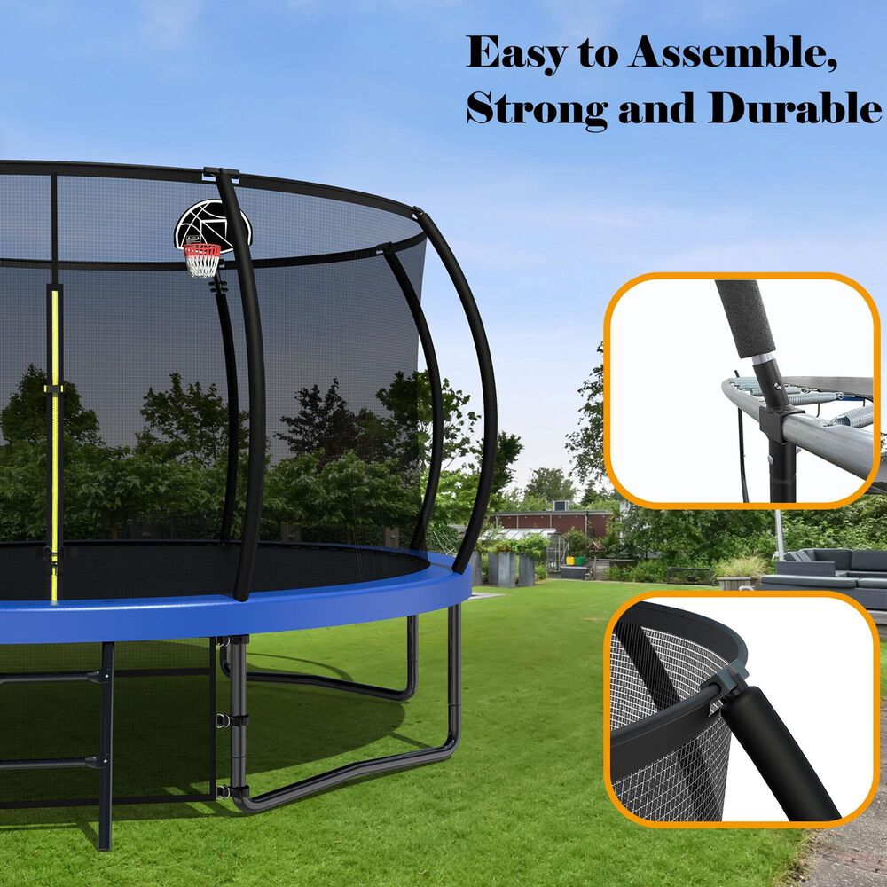 HOMLUX 12' Outdoor Trampoline with Basketball Hoop in Blue, , large