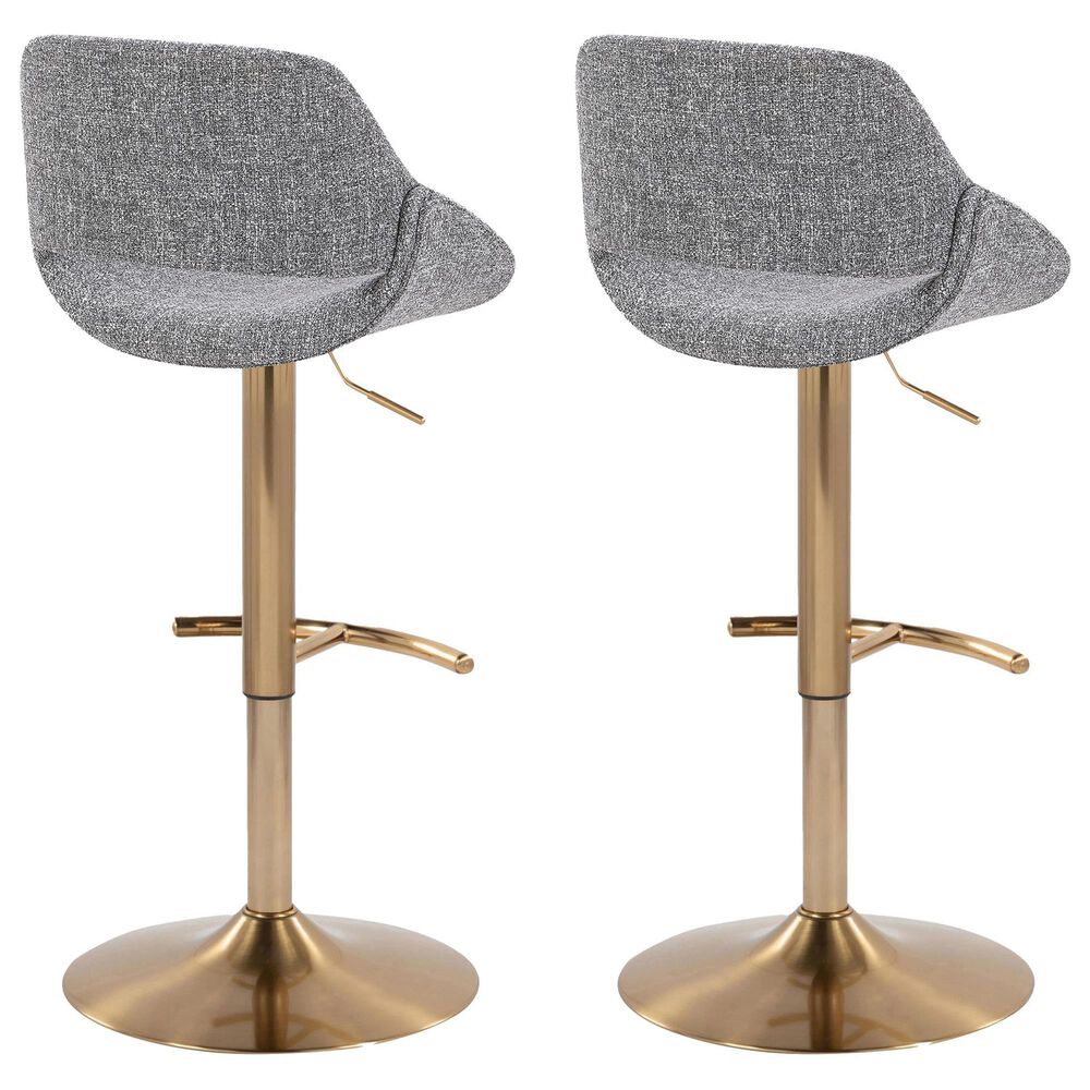 LumiSource Fabrico Swivel Adjustable Bar Stool with Grey Noise Fabric Upholstery and Rounded T Footrest in Gold (Set of 2), , large