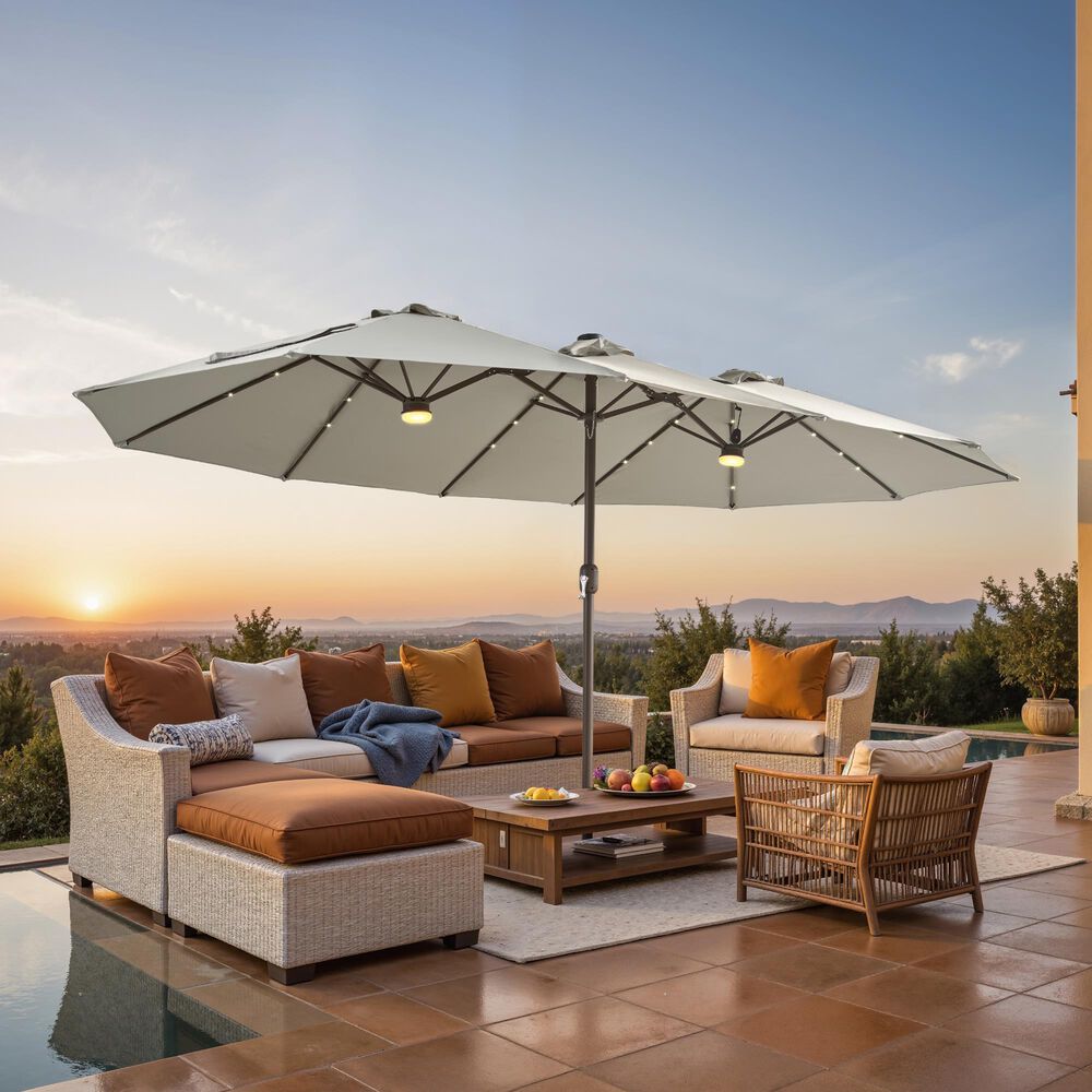 HOMLUX 15' Double-Sided Outdoor Market Umbrella with Sandbag Base and White LED Beads in Light Gray, , large