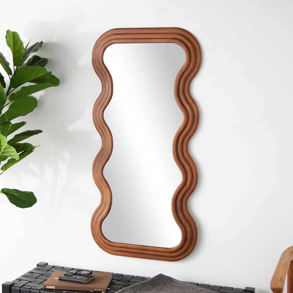 Maple and Jade 39&quot; Wood Abstract Wavy Wall Mirror in Brown, , large