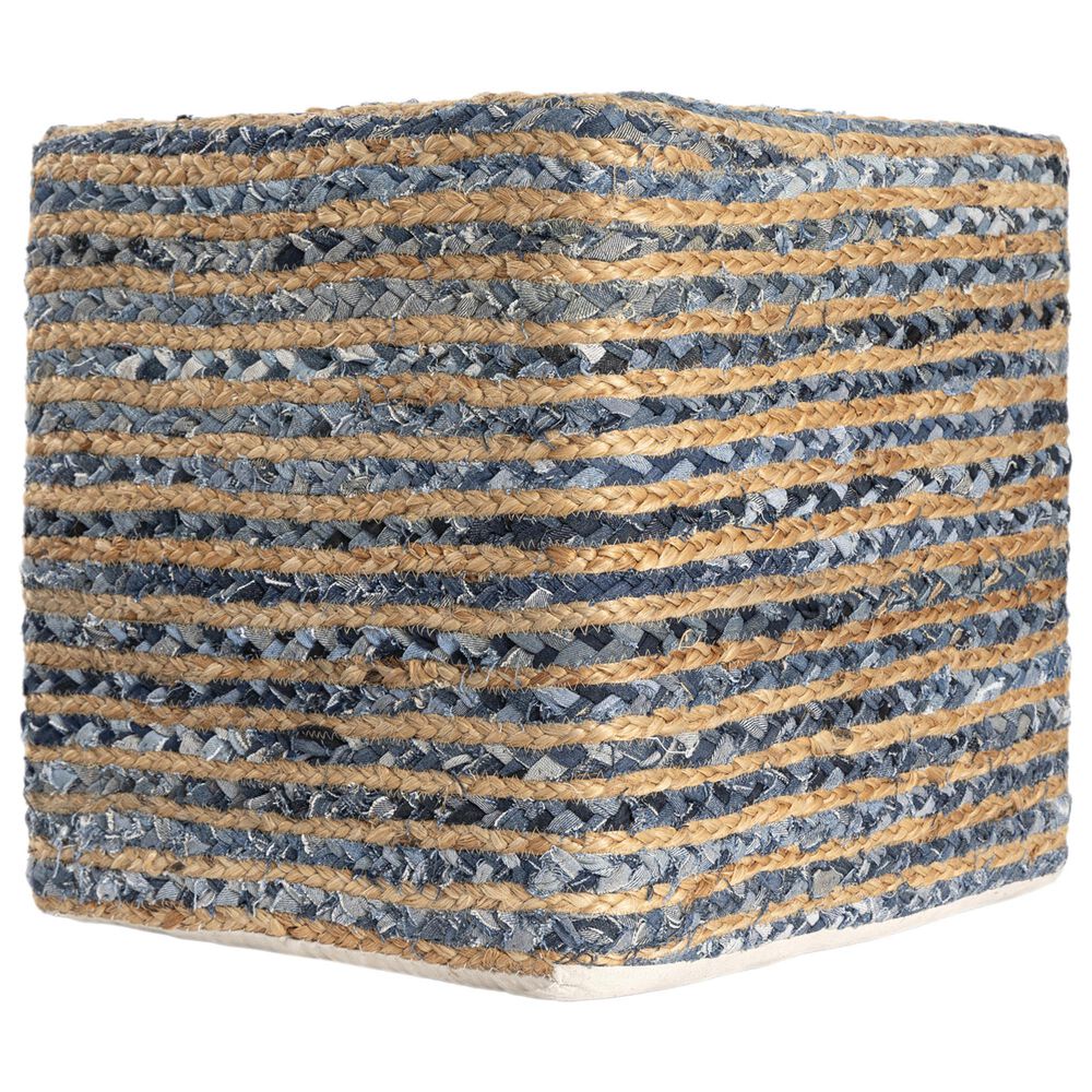LR Home 18" Square Nautical Pouf in Blue and Beige, , large