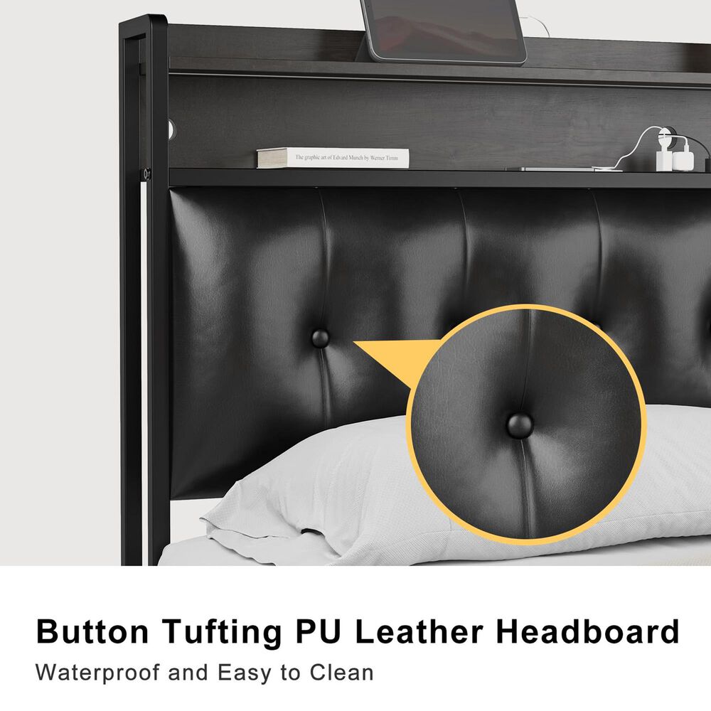 HOMLUX Twin Upholstered Bookcase Bed with LED Headboard with Charging Station in Black, , large