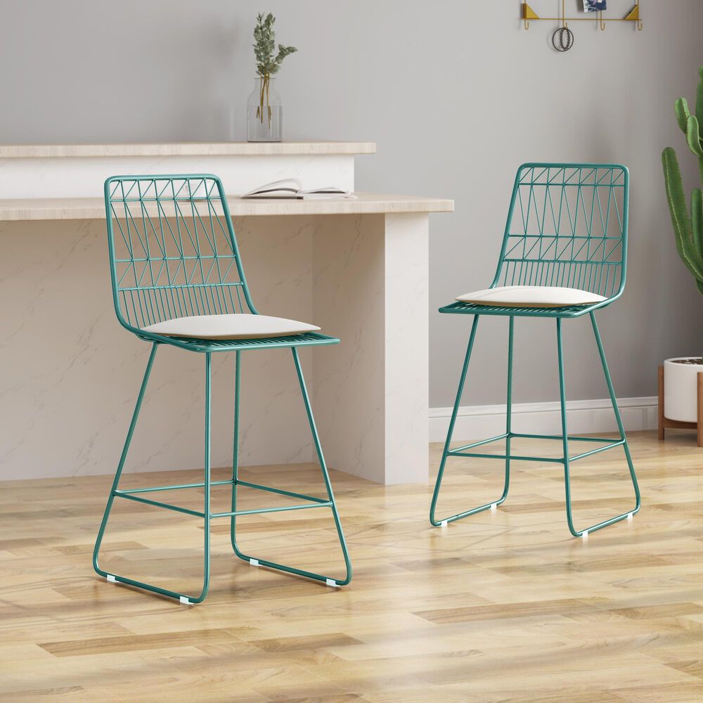 Hearth and Haven Niez Outdoor Counter Stool with Ivory Cushion in Teal &#40;Set of 2&#41;, , large