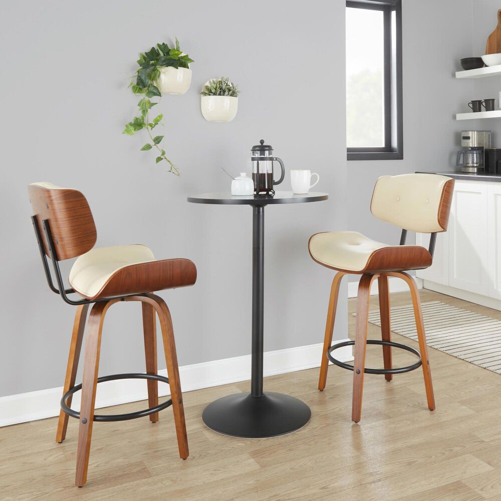 LumiSource Lombardi 26" Swivel Counter Stool with Cream Faux Leather Upholstery in Walnut and Black (Set of 2), , large