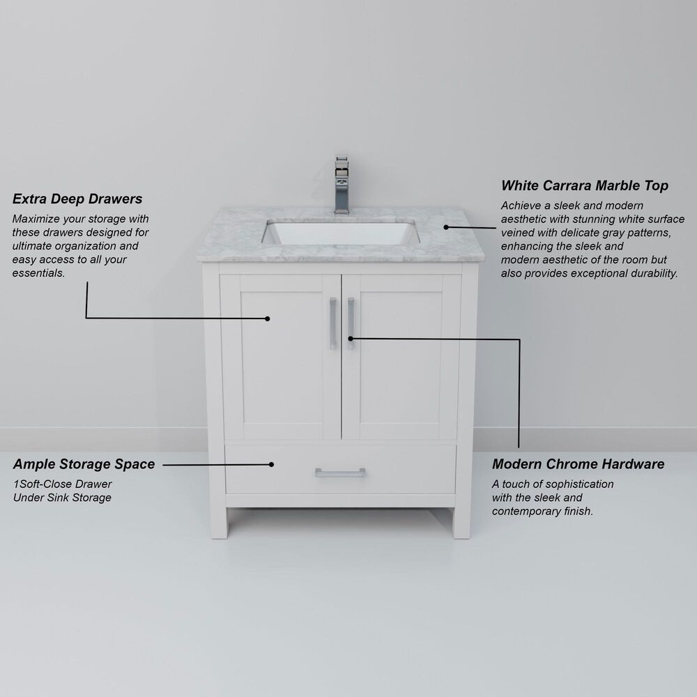 Lexora Home Jacques 30" Single Bathroom Vanity in White with 2 cm White Carrara Marble Top and Rectangular Sink, , large