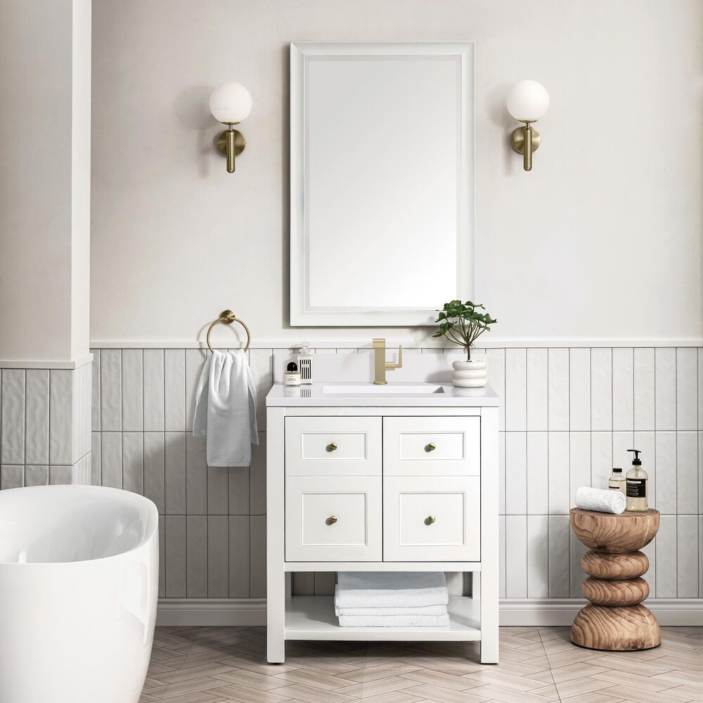 James Martin Vanities Breckenridge 30&quot; Single Bathroom Vanity in Bright White with Single Hole 3 cm White Zeus Quartz Top and Rectangular Sink, , large
