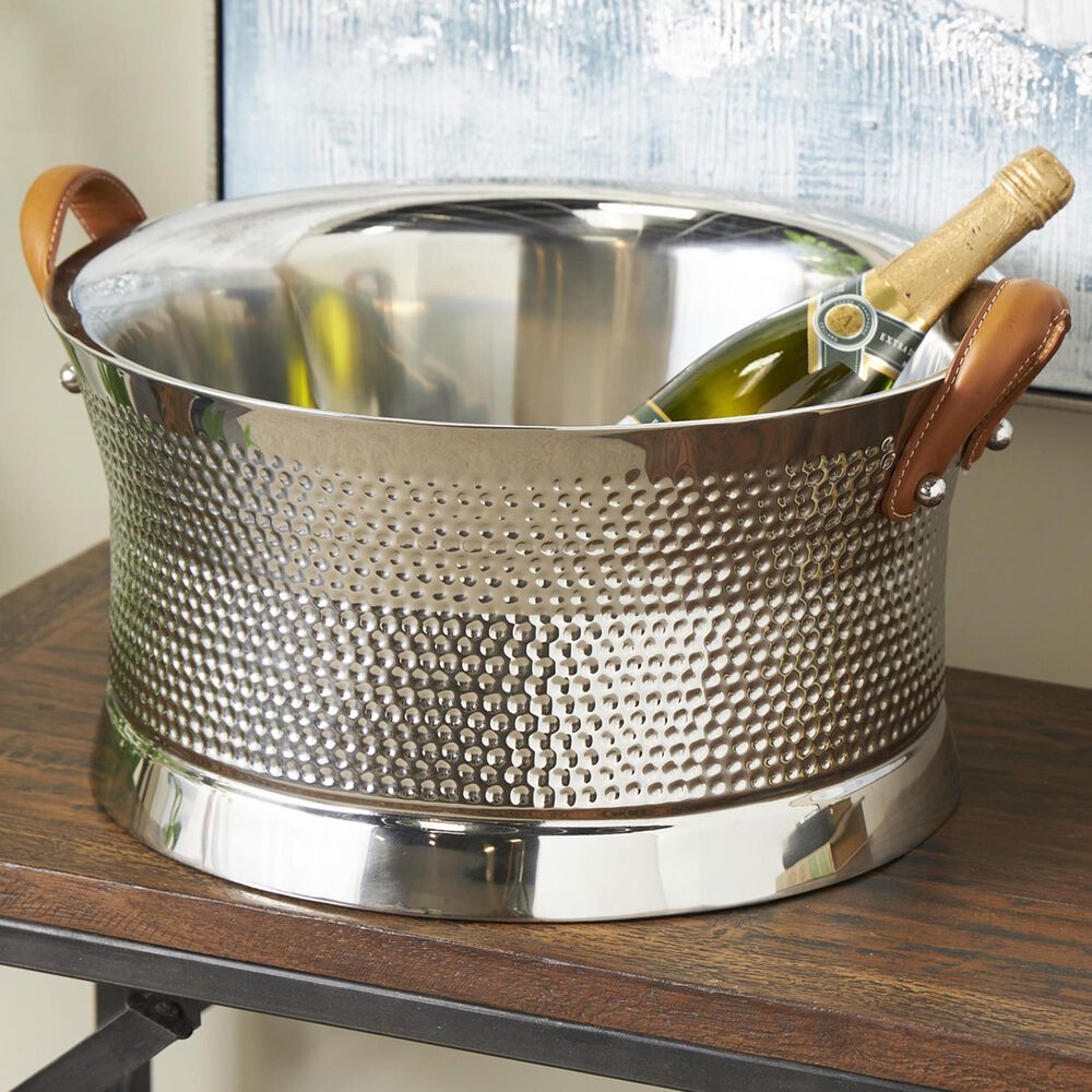 Maple and Jade Decorative Ice Bucket with Brown Leather Handle in Silver Stainless Steel, , large