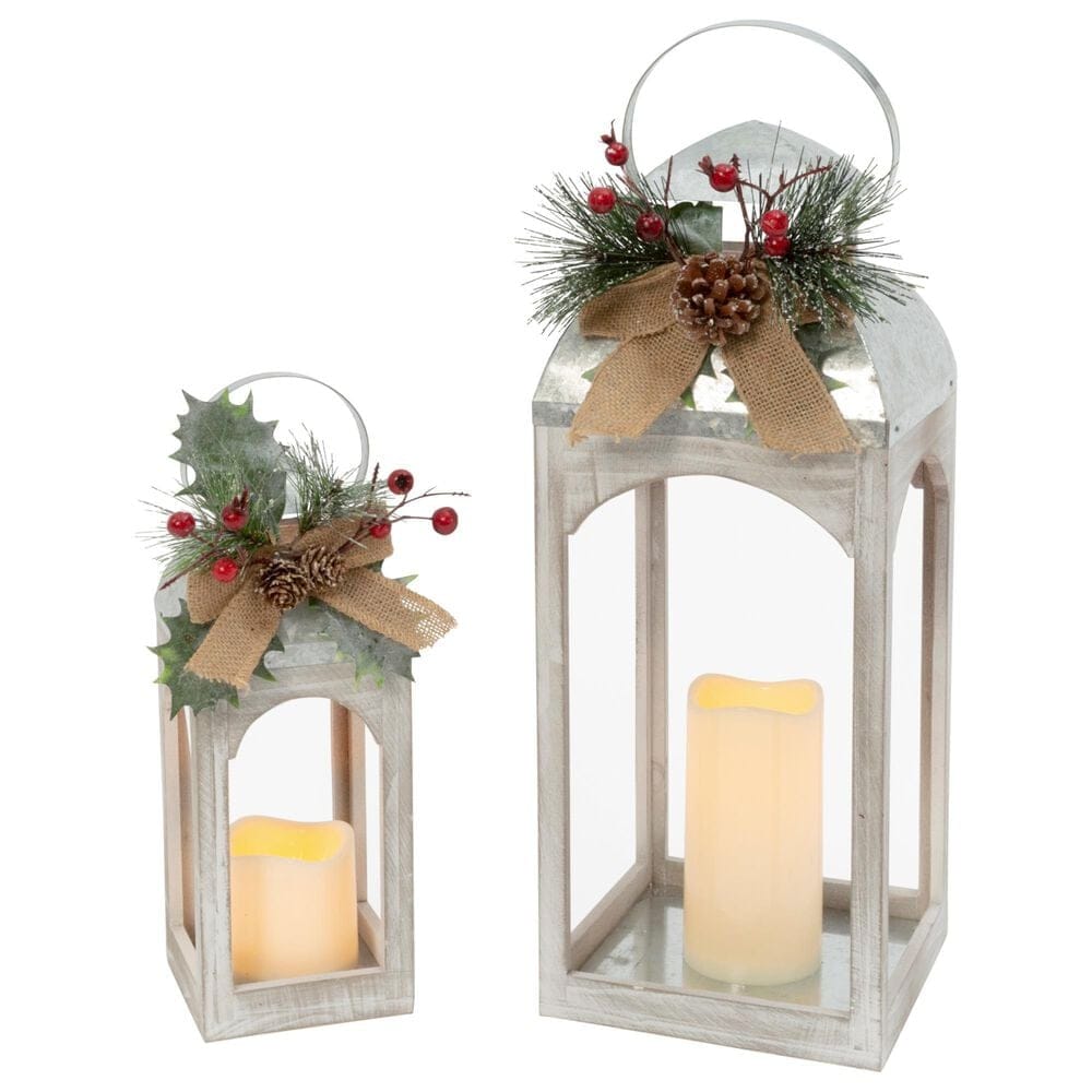 The Gerson Company 2-Piece Holiday Lantern Set with LED Candle and Floral Accent in White, , large